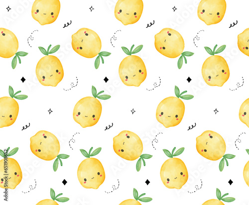 Watercolor Kawaii Lemon Seamless Pattern. Cute citrus Fruit background Illustration