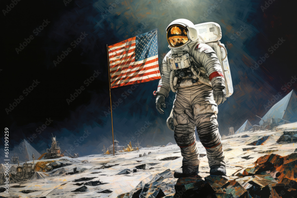 Funktioniert Ein Kompass Auf Dem Mond ein Astronaut steht auf dem Mond, an astronaut stands on the moon Stock