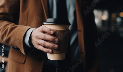 Coffee break. A man s hand holds a paper glass of coffee. Generative AI