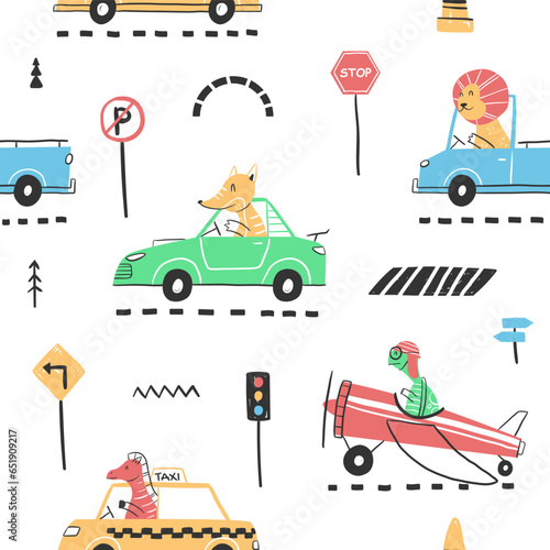 Seamless Pattern with cute Animal Driving concept. Hand drawn flat and doodle style for design. Best For Fabric Printing, Children's rooms, Clothing, Textiles, Wallpaper, Backgrounds.