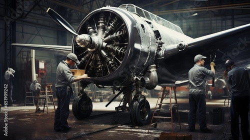 aircraft engine repair service. A mans repairs an airplane engine.