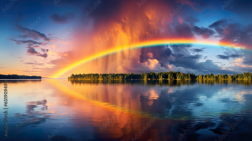 The rainbow phenomenon that appears after rain, featuring vivid colors spanning across the sky