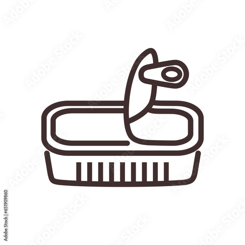 Opened tin can icon with pull tab. Conserved food outline pictogram. Preserved fish, meat. Line art. Flat vector illustration isolated on white background. Editable stroke. Metal disposable packaging