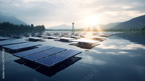 Solar panels afloat on a tranquil lake, capturing solar energy while conserving land space