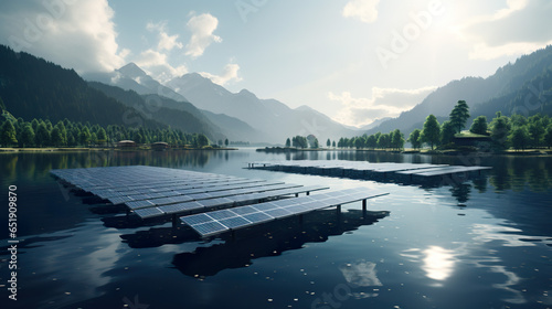 Solar panels afloat on a tranquil lake, capturing solar energy while conserving land space photo