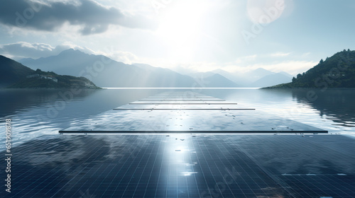 Solar panels afloat on a tranquil lake, capturing solar energy while conserving land space photo