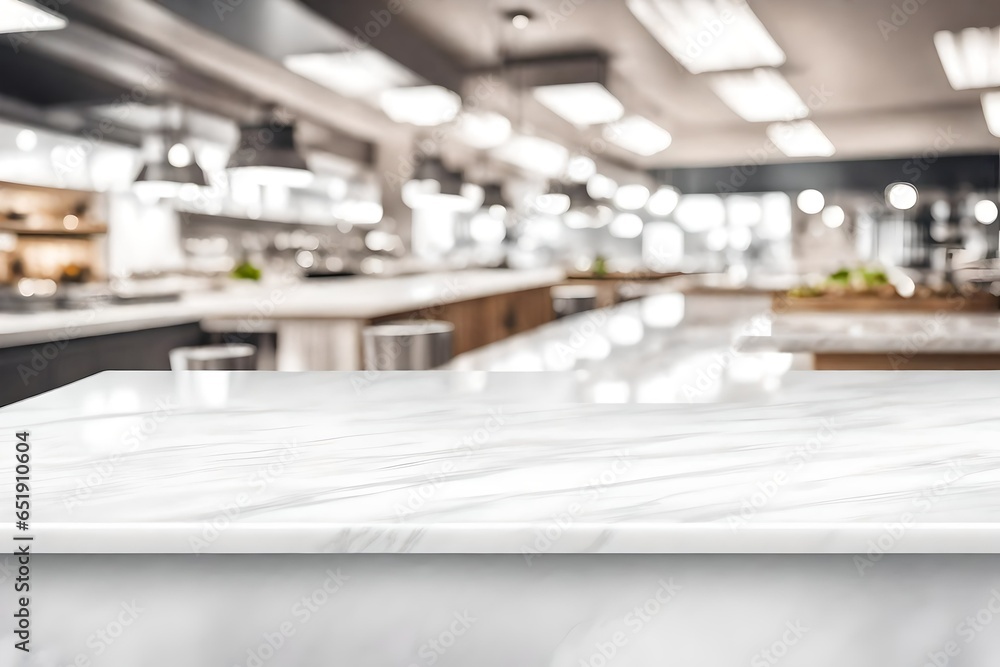 Empty white table top, counter, desk background over blur perspective bokeh light background, White marble stone table, shelf and blurred kitchen restaurant for food, product display mockup, 3d render