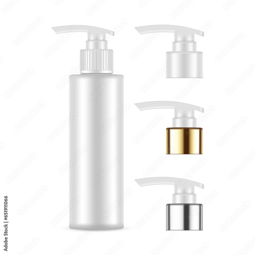 Obraz premium Blank Dispenser Bottle Mockup With Plastic, Metallic, Golden Caps, Isolated on White Background. Vector Illustration