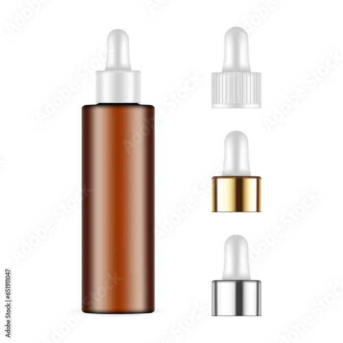 Tall Amber Dropper Bottle Mockup With Plastic, Metallic, Golden Caps, Isolated On White Background. Vector Illustration