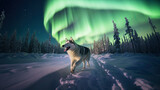 dog running in the snow with northern lights in the sky. 