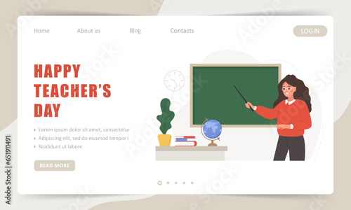 Happy teachers day. Landing page template. Female teacher in classroom with pointer at chalkboard. School and college concept. Vector illustration in flat cartoon style.