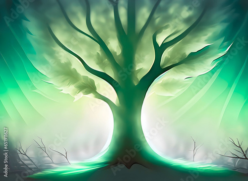 A green fantasy tree in the light, soft focus, illustration photo