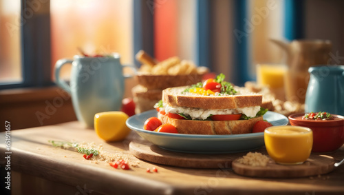 food concept on a wooden table with bread, pastel colors yellow blue, very bright room, rays falling through the window