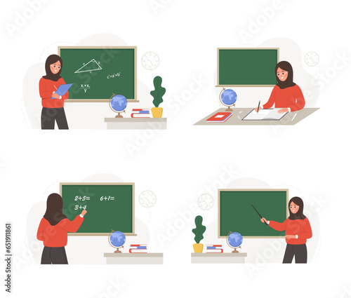 Arabian female teachers in classroom set. Different women characters in hijab at lecture at chalkboard. School and college concept. Vector illustration in flat cartoon style.