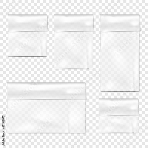 Clear plastic vinyl envelope pouch vector mock-up set. Transparent fold top PVC bag packaging mockup kit. Cellophane package collection template