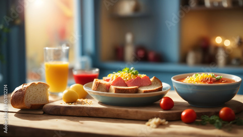 food concept on a wooden table with bread  pastel colors yellow blue  very bright room  rays falling through the window