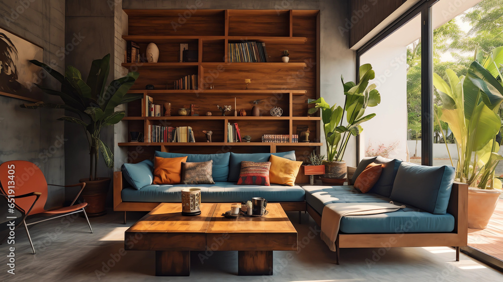 A modern living room designed with upcycled furniture and materials, showcasing society's shift towards sustainable and environmentally conscious interior choices - obrazy, fototapety, plakaty 