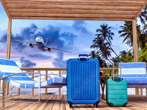 Baggage on the beach with a view of the sea sunset