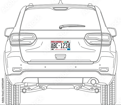 Wisconsin State car license plate in the back of a car, USA, United States, vector illustration