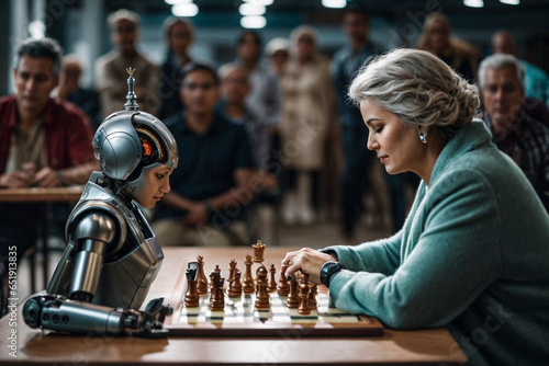 woman plays chess against robot