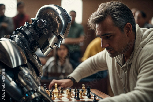 Man plays chess against robot