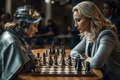 woman plays chess against robot
