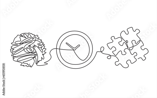 Chaos,clock and puzzle , abstract concept vector illustration. Metaphor of disorganized difficult problem found solution, mess with single continuous tangle thread in need of unraveling.