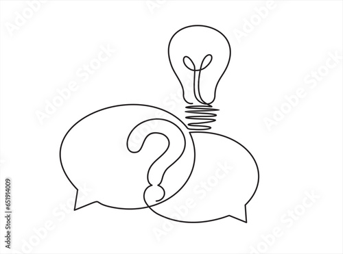 Quick tips. Continuous one line drawing of question mark, light bulb and speech bubbles. Trendy line art vector on a white background. Vector illustration.