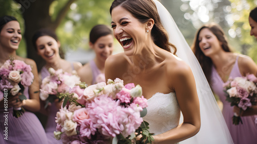 Happily married woman in her wedding dress surrounded by her bridesmaids, AI-generated image