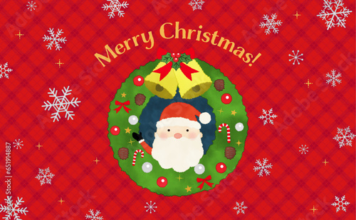 サンタクロースとクリスマスリースの水彩風イラスト
