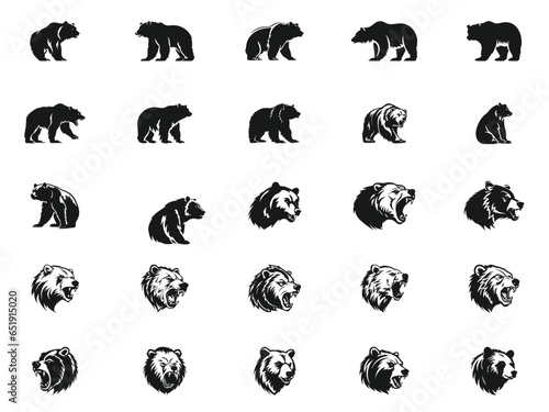 Graphical set of bears on black, grizzly bear and panda vector elements. Bears for printing, design,tattoo and logo