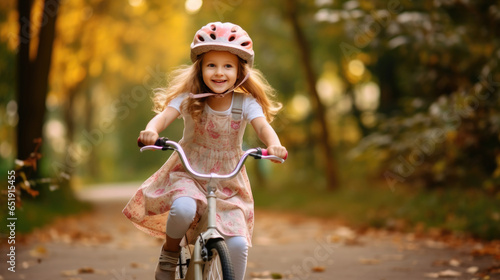 A cheerful child girl riding a bicycle for the first time. Generative Ai