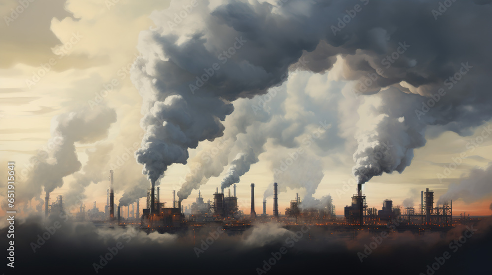 Industrial stacks emitting both steam and pollutants into the atmosphere Industrial stacks emitting both steam and pollutants into the atmosphere