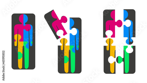 Set of multicolored human shaped puzzle pieces. Puzzle jigsaw on white background. Symbolic pieces of the autism puzzle. Vector illustration