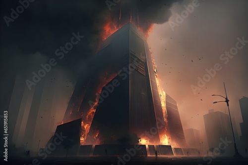 large bank skyscrapper on fire smoke debris falling to ground  photo