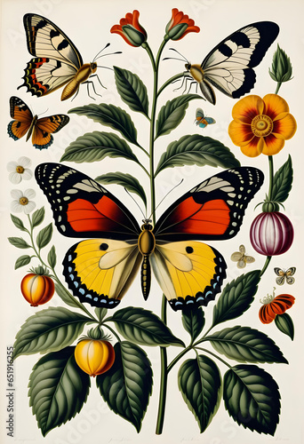vintage style illustration of flowers and butterflies - generative ai © Martin