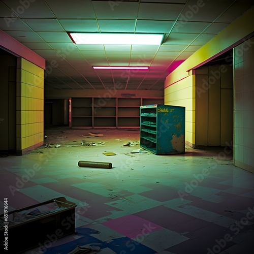 20mm shot of a room in an abandoned mall building backroom liminal space kidcore popcore bright colors 1970s photography  photo