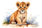 A charming watercolor painting capturing the innocence of a playful lion cub created with Generative AI technology