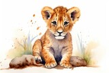 A cute lion cub sitting on the ground, captured in a beautiful painting created with Generative AI technology