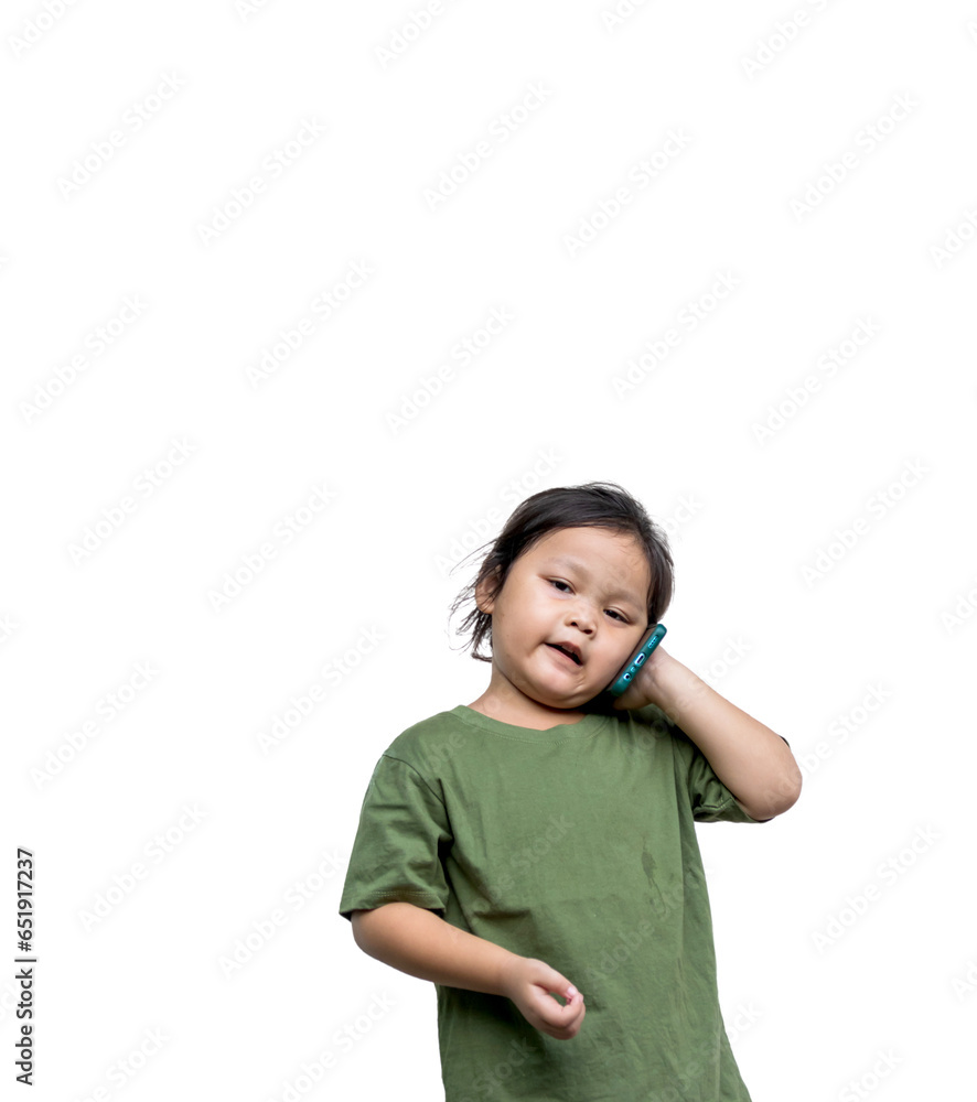Cute little asia girl in casual clothes talking on the mobile phone and smiling. Cute little asia girl in casual clothes talking on the mobile phone and smiling.