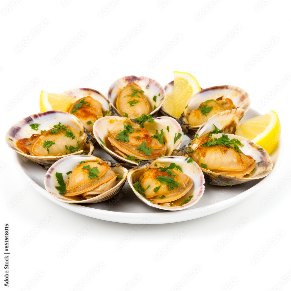 Tasty baked clams with garlic and herbs finely isolated on white 
