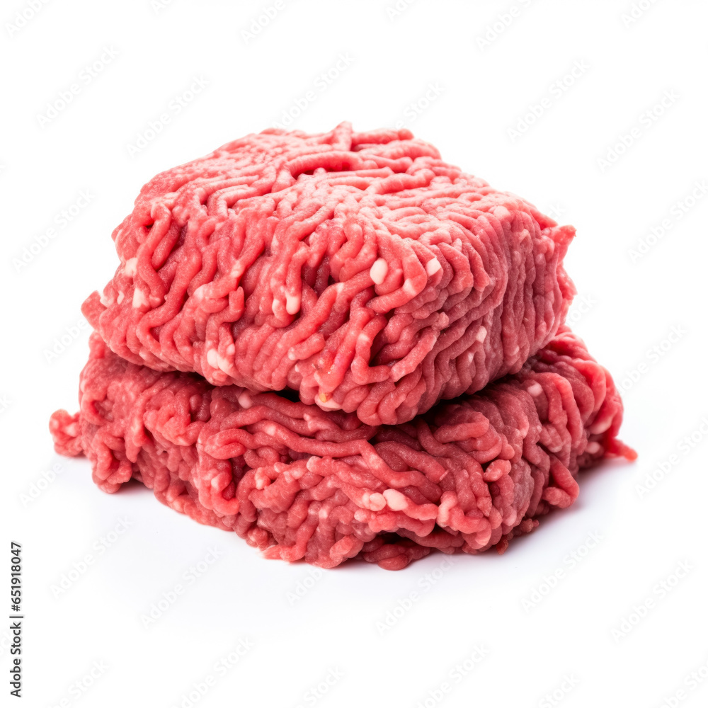 Uncooked spiced minced meat artistically isolated on a stark white background Uncooked spiced minced meat artistically isolated on a stark white background