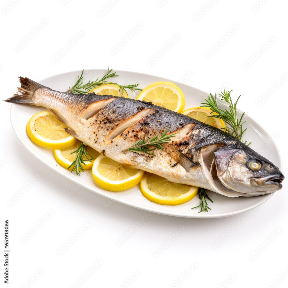 Whole sea bass baked with lemon tastefully isolated on a white background Whole sea bass baked with lemon tastefully isolated on a white background