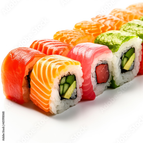 Variety of colorful sushi rolls expertly isolated on a white background 