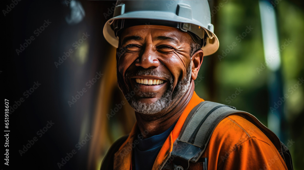 Fototapeta premium A smiling man working on a construction site, construction hard hat and work vest. middle aged. Generative Ai