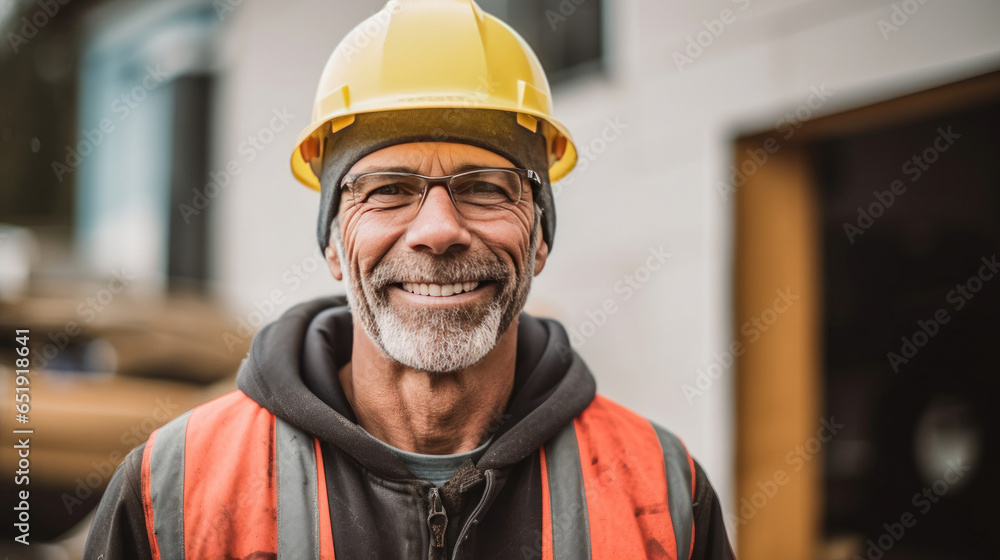 A smiling man working on a construction site, construction hard hat and work vest. middle aged. Generative Ai A smiling man working on a construction site, construction hard hat and work vest. middle aged. Generative Ai