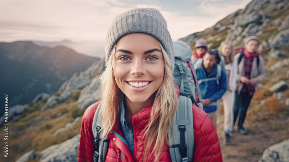 a Smiling young woman hiker with backpack looking at camera with group of friends hikers rises to the top of the hill. Hiker, Tourist camp. Generative Ai