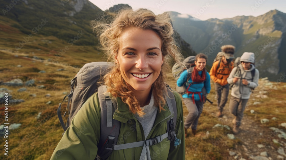 a Smiling young woman hiker with backpack looking at camera with group of friends hikers rises to the top of the hill. Hiker, Tourist camp. Generative Ai