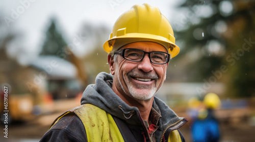 A smiling man working on a construction site, construction hard hat and work vest. middle aged. Generative Ai