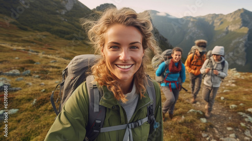 a Smiling young woman hiker with backpack looking at camera with group of friends hikers rises to the top of the hill. Hiker, Tourist camp. Generative Ai